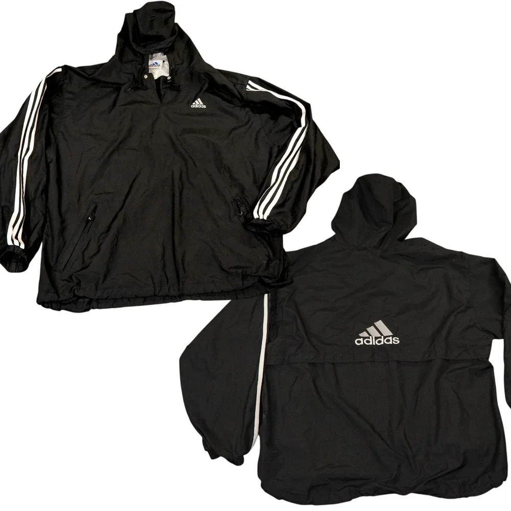 VTG Adidas Jacket Men Large Black Hooded 3 Stripe Logos Y2K Windbreaker Pullover